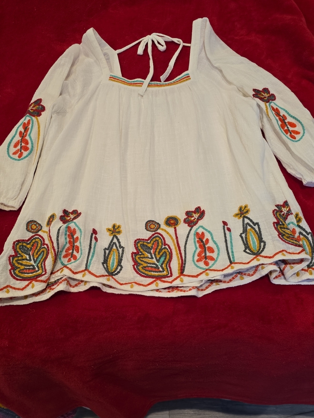 Embroidered White Boho Peasant Top with Tie Neck